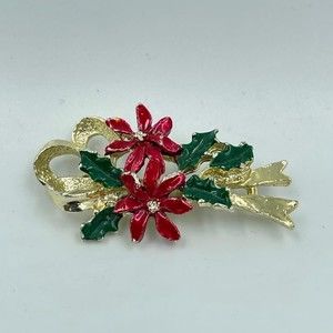 Christmas Holly Gold Ribbon Brooch Pin Signed Gerrys